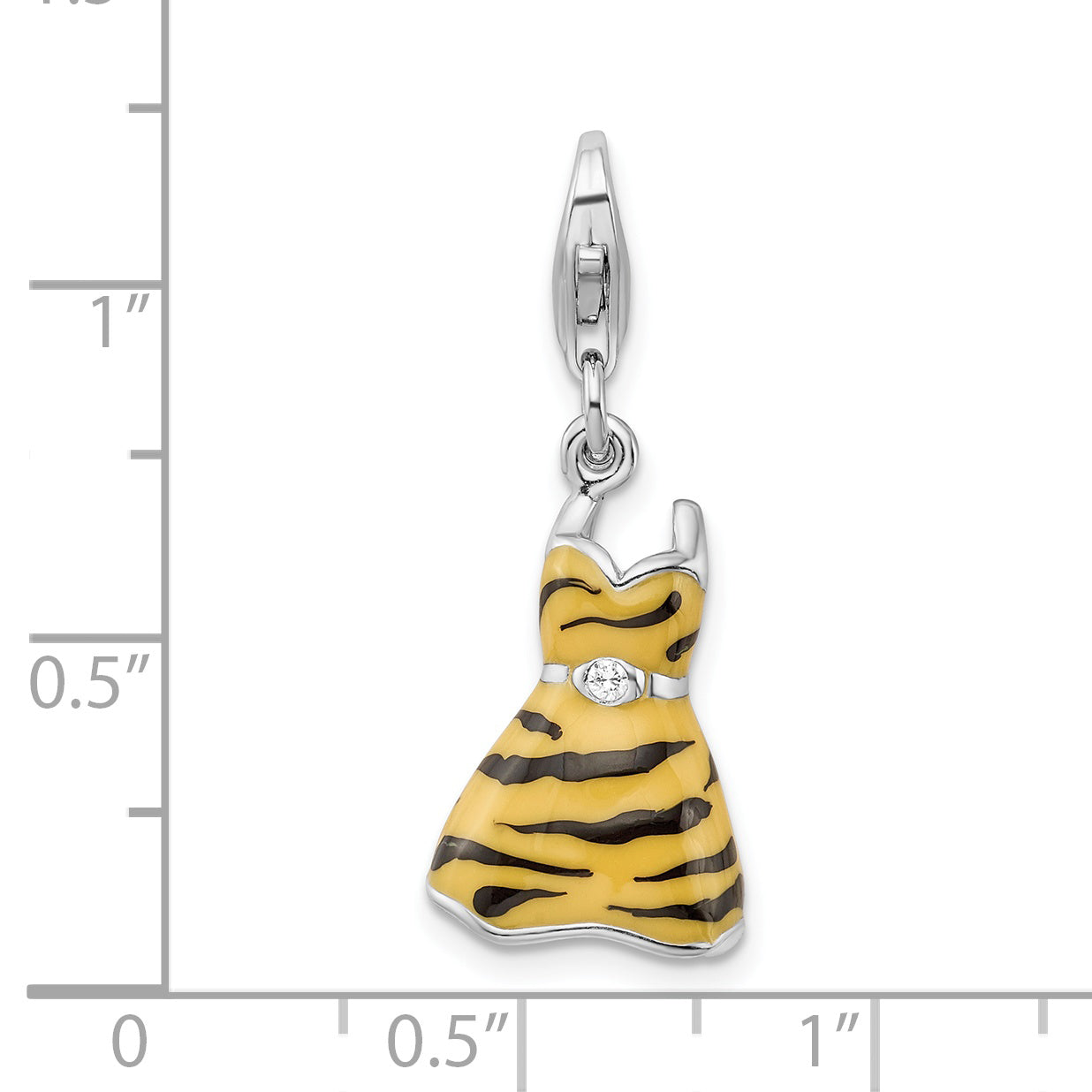 Amore La Vita Sterling Silver Rhodium-plated Polished 3-D CZ Enameled Tiger Dress Charm with Fancy Lobster Clasp