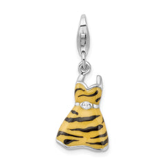 Amore La Vita Sterling Silver Rhodium-plated Polished 3-D CZ Enameled Tiger Dress Charm with Fancy Lobster Clasp