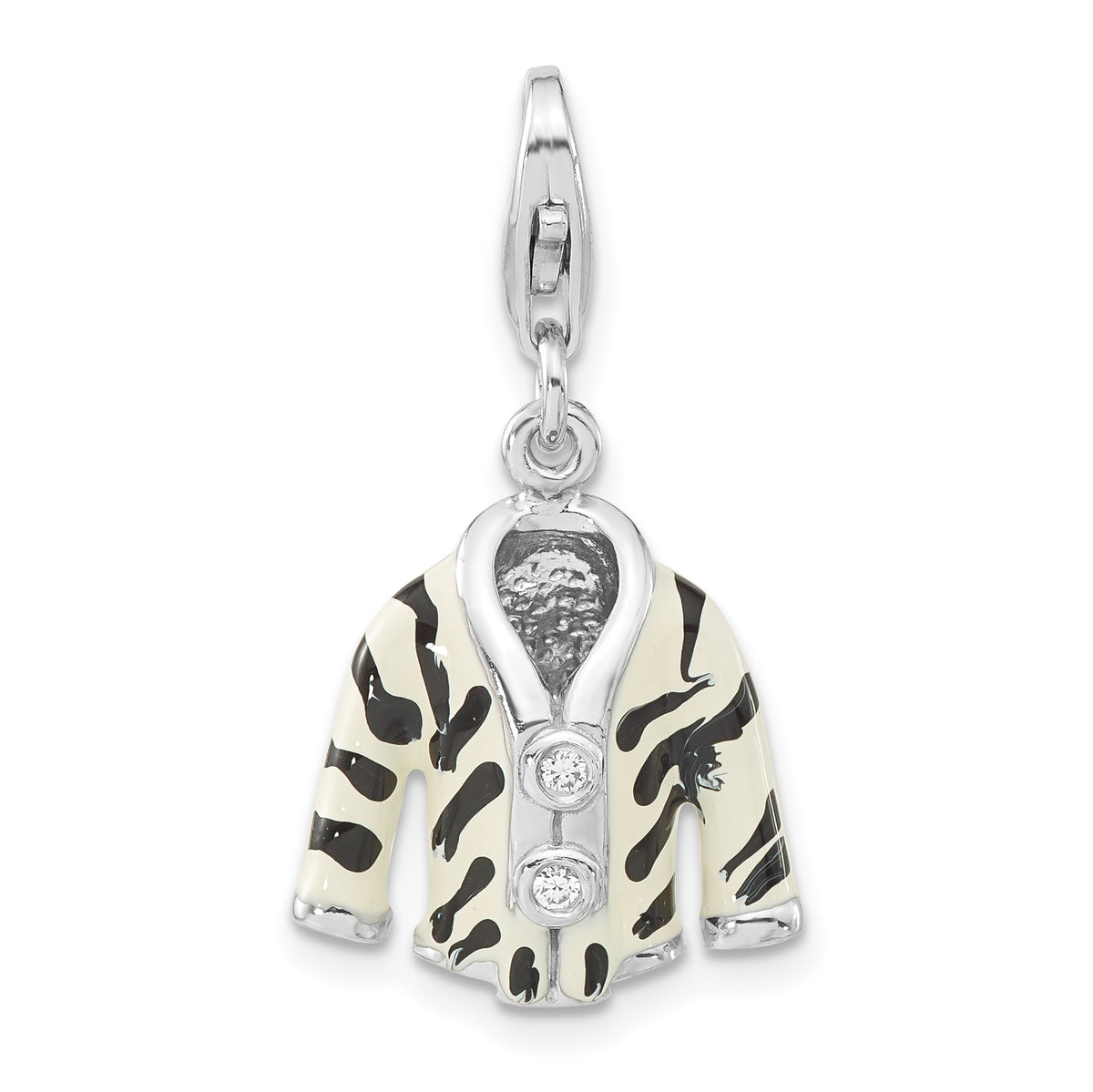Sterling Silver Polished 3-D CZ & Black/White Enamel Zebra Jacket w/ Lobster Clasp Charm