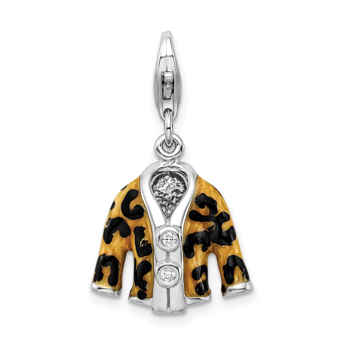 Amore La Vita Sterling Silver Rhodium-plated Polished 3-D CZ Enameled Leopard Jacket Charm with Fancy Lobster Clasp