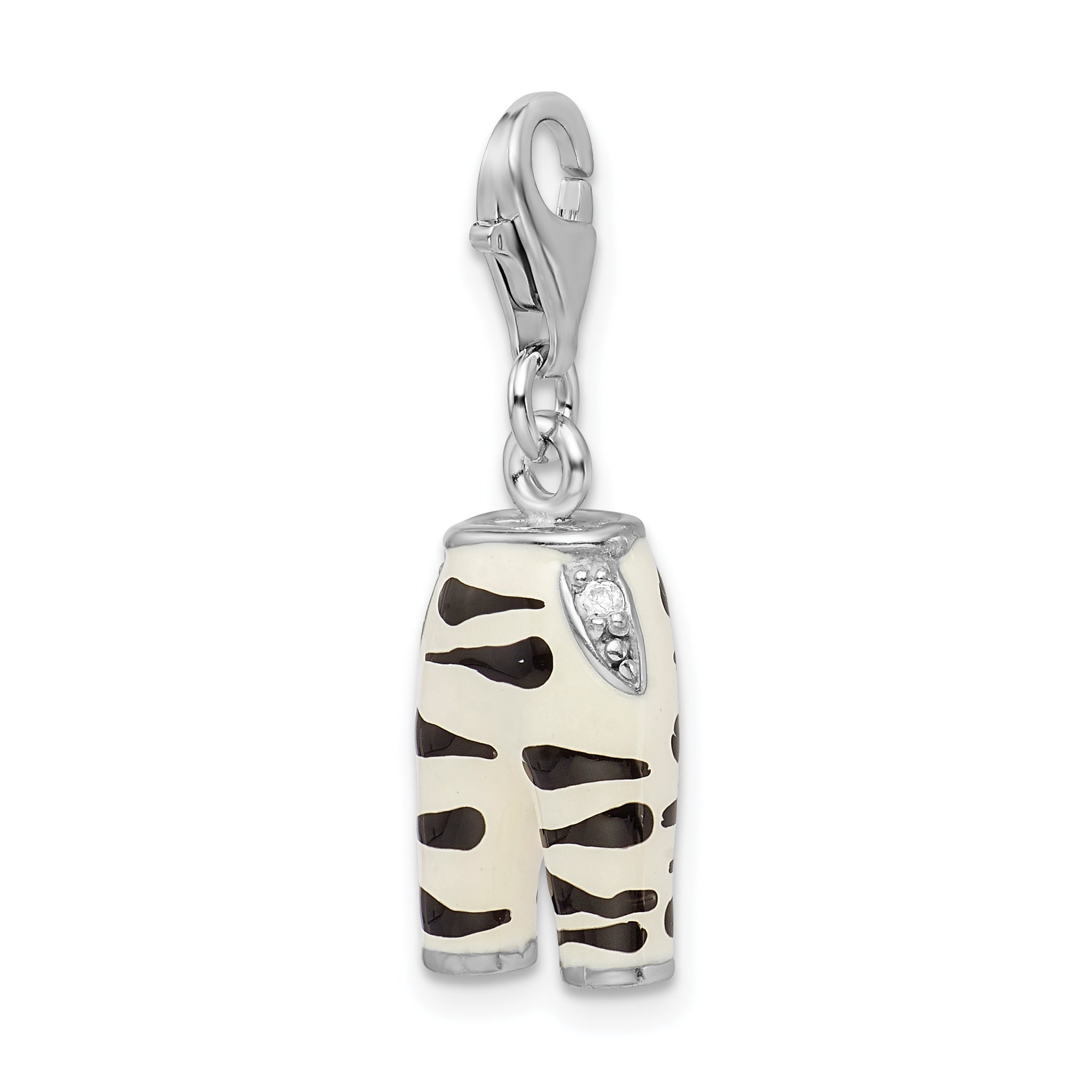 Amore La Vita Sterling Silver Rhodium-plated Polished 3-D CZ Enameled Zebra Pants Charm with Fancy Lobster Clasp