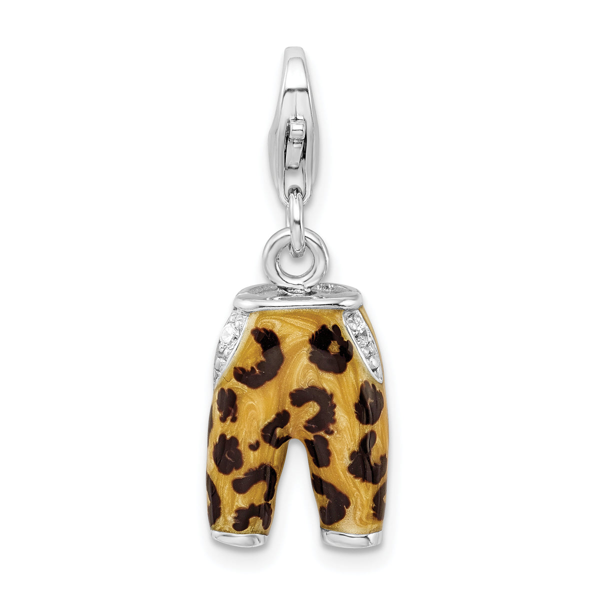 Amore La Vita Sterling Silver Rhodium-plated Polished 3-D CZ Enameled Leopard Pants Charm with Fancy Lobster Clasp