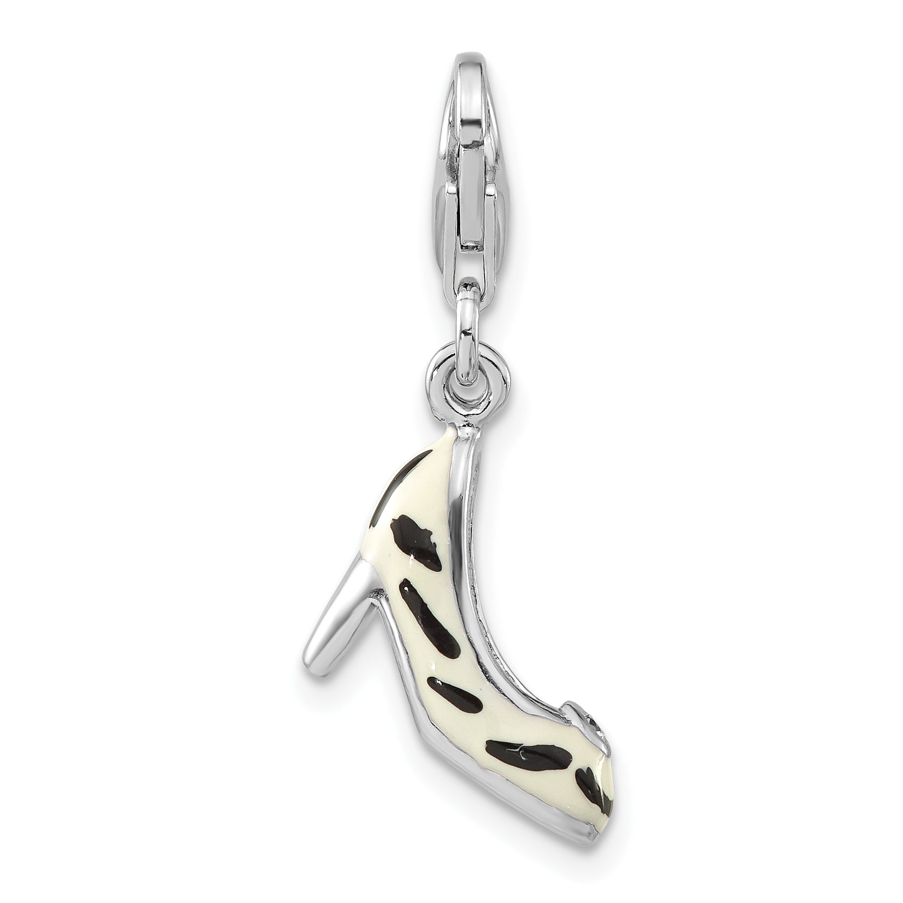 Sterling Silver Polished 3-D CZ Enamel Zebra High Heel With  Lobster Clasp Charm