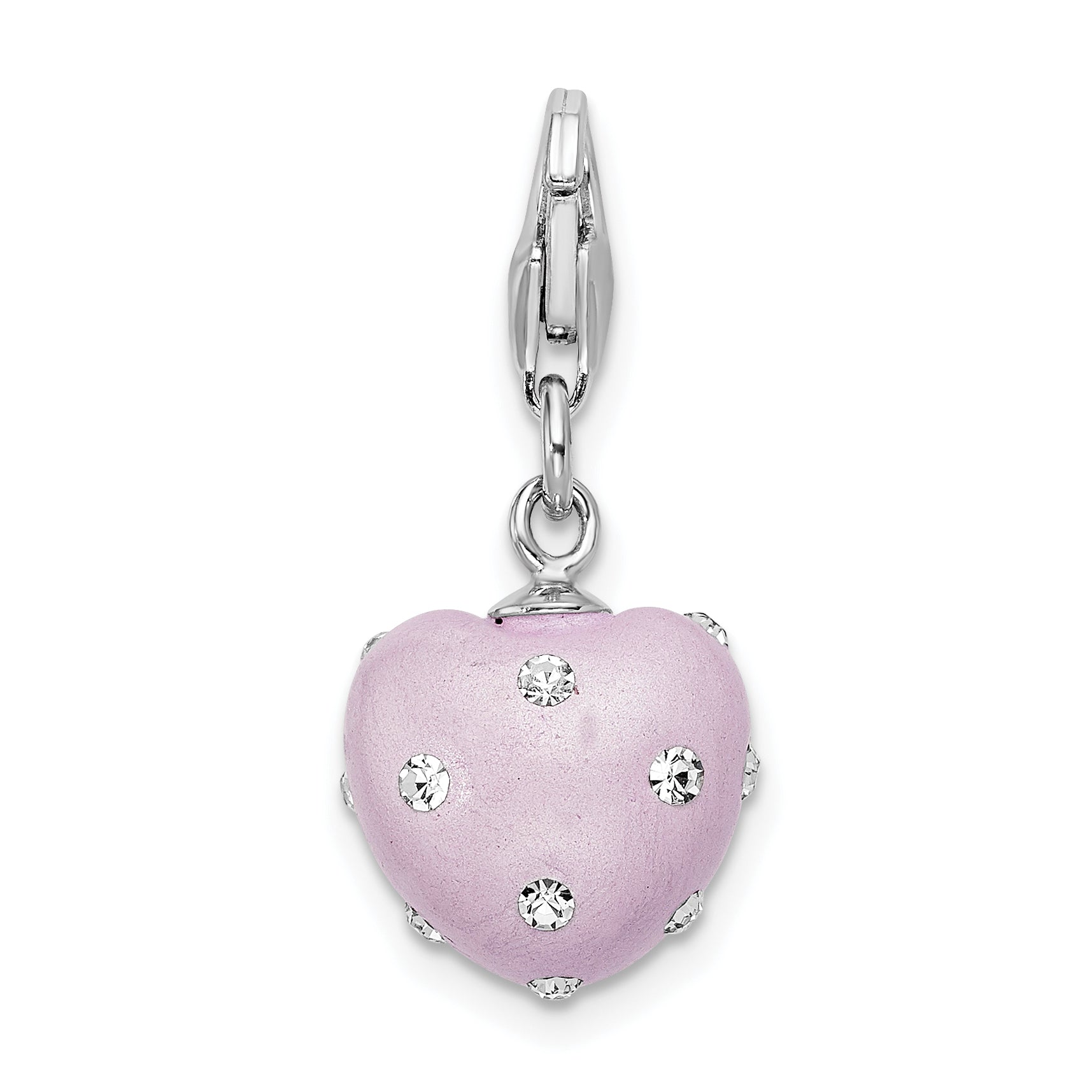 Amore La Vita Sterling Silver Rhodium-plated Polished 3-D Purple Ferido Stellux Crystal Heart Charm with Fancy Lobster Clasp