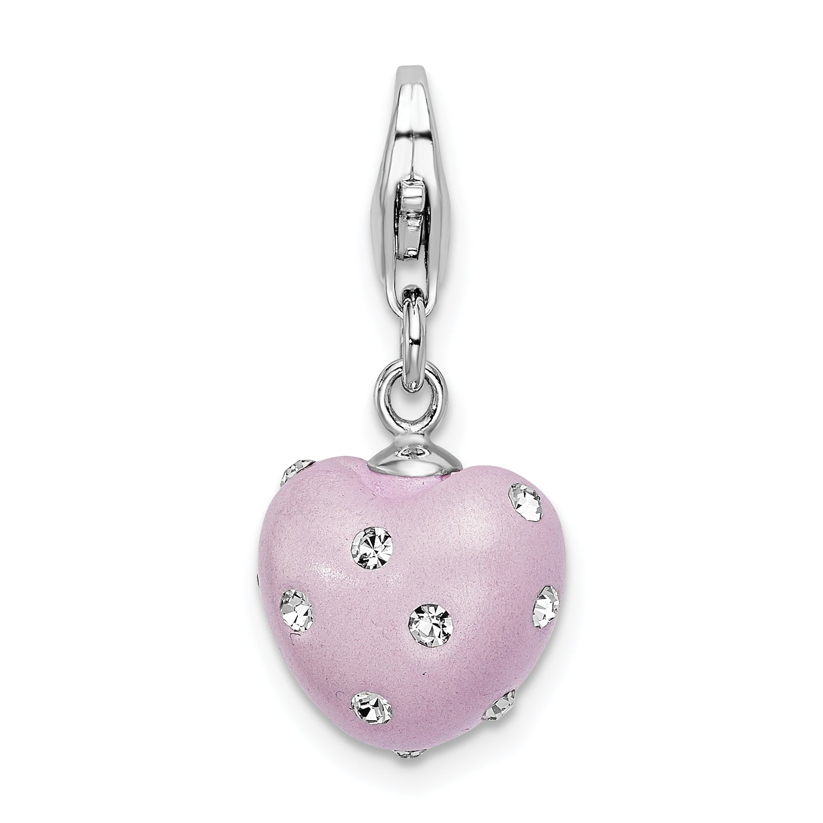 Amore La Vita Sterling Silver Rhodium-plated Polished 3-D Purple Ferido Stellux Crystal Heart Charm with Fancy Lobster Clasp