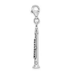 Amore La Vita Sterling Silver Rhodium-plated Polished 3-D Antiqued Clarinet Charm with Fancy Lobster Clasp