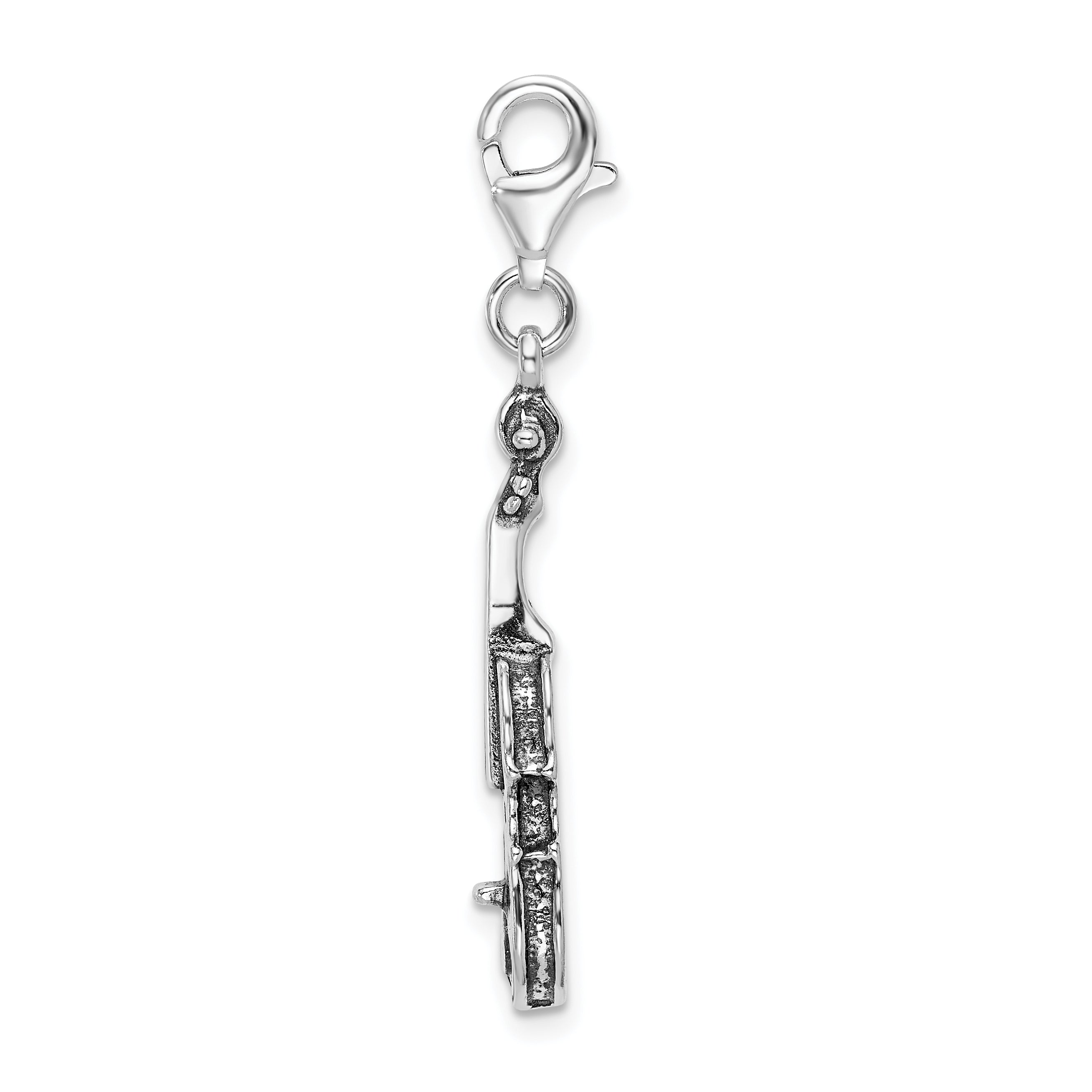 Amore La Vita Sterling Silver Rhodium-plated Polished 3-D Antiqued Violin Charm with Fancy Lobster Clasp