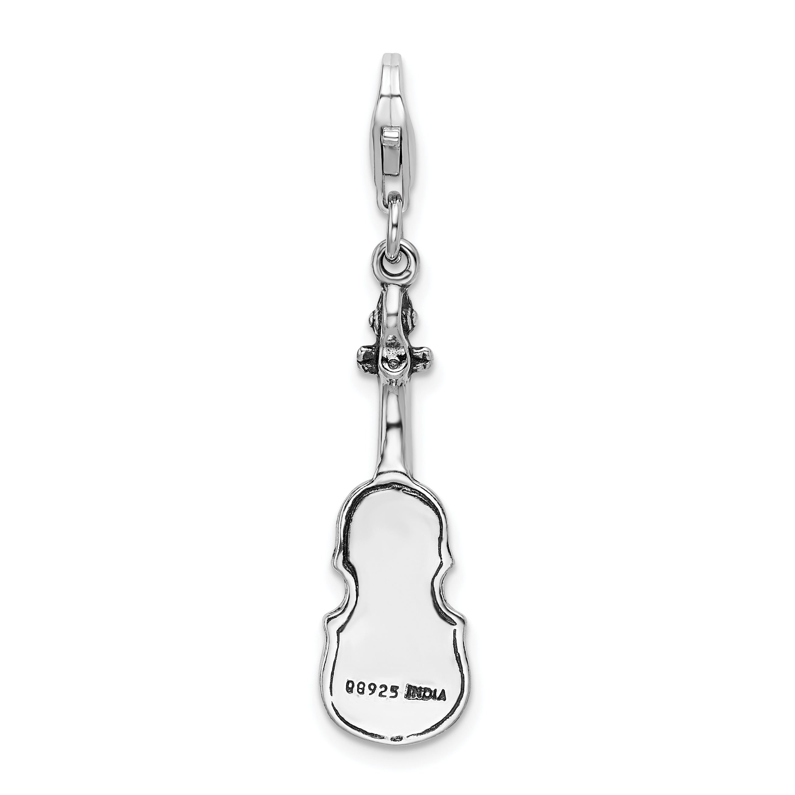 Amore La Vita Sterling Silver Rhodium-plated Polished 3-D Antiqued Violin Charm with Fancy Lobster Clasp