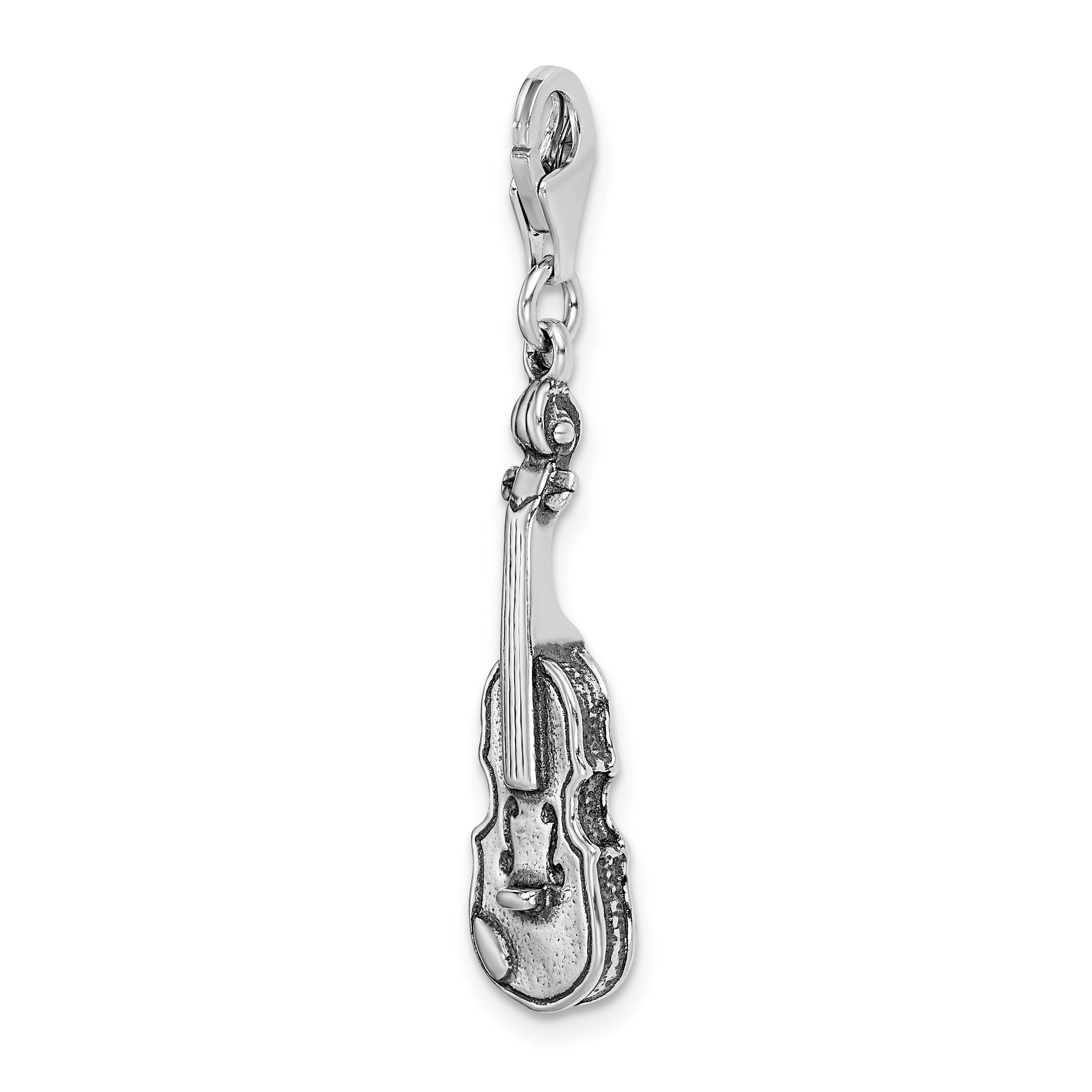 Amore La Vita Sterling Silver Rhodium-plated Polished 3-D Antiqued Violin Charm with Fancy Lobster Clasp