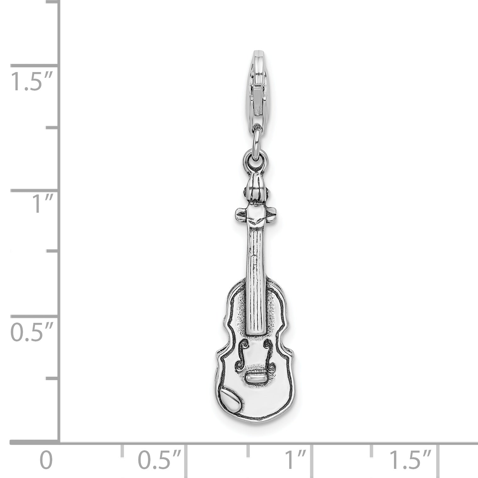 Amore La Vita Sterling Silver Rhodium-plated Polished 3-D Antiqued Violin Charm with Fancy Lobster Clasp