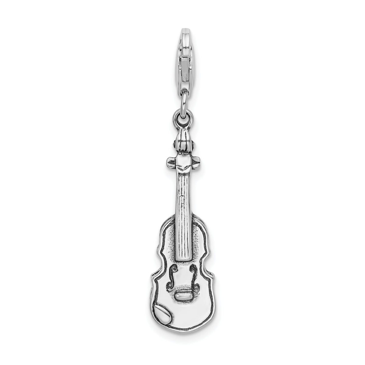 Amore La Vita Sterling Silver Rhodium-plated Polished 3-D Antiqued Violin Charm with Fancy Lobster Clasp