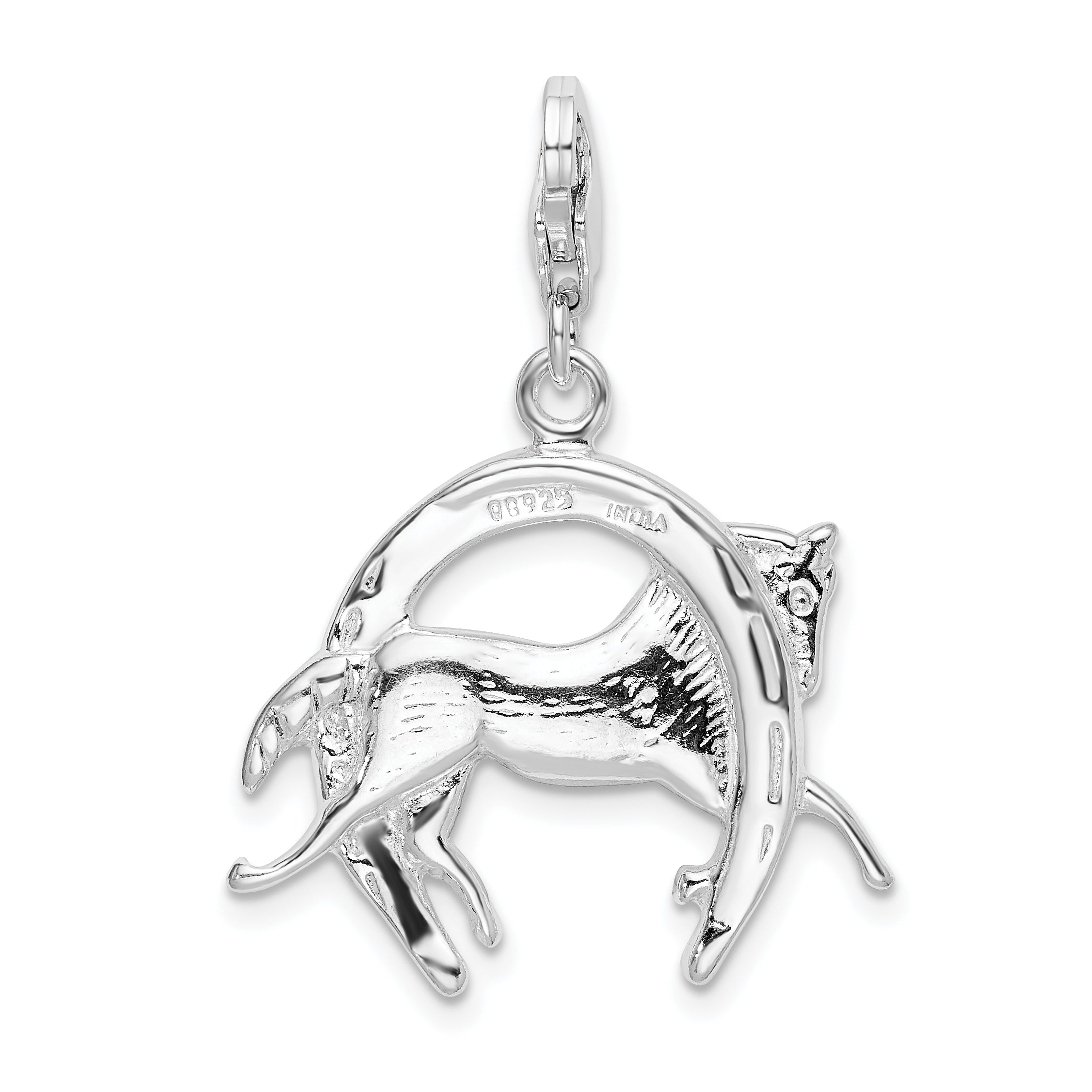 Amore La Vita Sterling Silver Rhodium-plated Polished 3-D Horse in Horseshoe Charm with Fancy Lobster Clasp