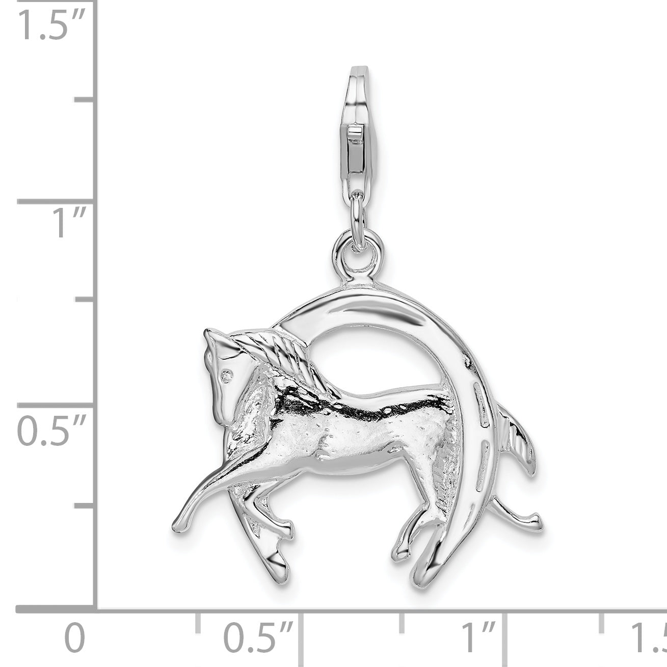 Amore La Vita Sterling Silver Rhodium-plated Polished 3-D Horse in Horseshoe Charm with Fancy Lobster Clasp