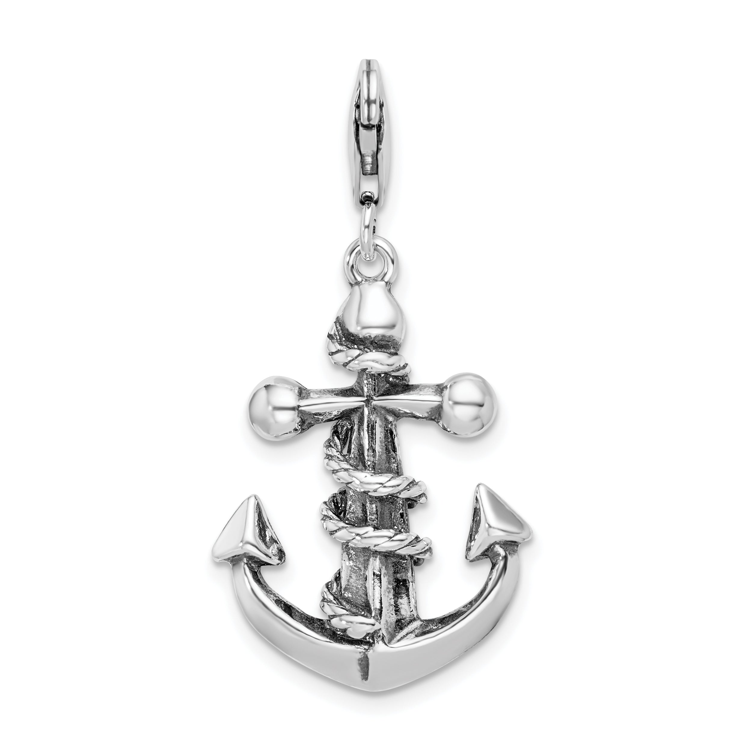 Amore La Vita Sterling Silver Rhodium-plated Polished 3-D Antiqued Anchor and Rope Charm with Fancy Lobster Clasp