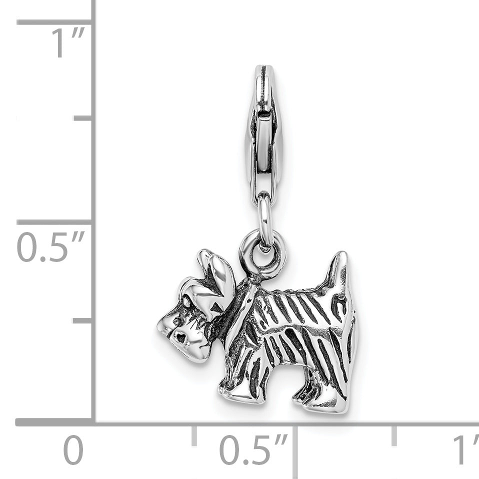 Amore La Vita Sterling Silver Rhodium-plated Polished 3-D Antiqued Scottie Dog Charm with Fancy Lobster Clasp