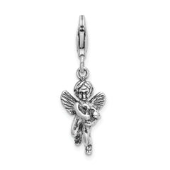 Amore La Vita Sterling Silver Rhodium-plated Polished 3-D Antiqued Angel with Harp Charm with Fancy Lobster Clasp