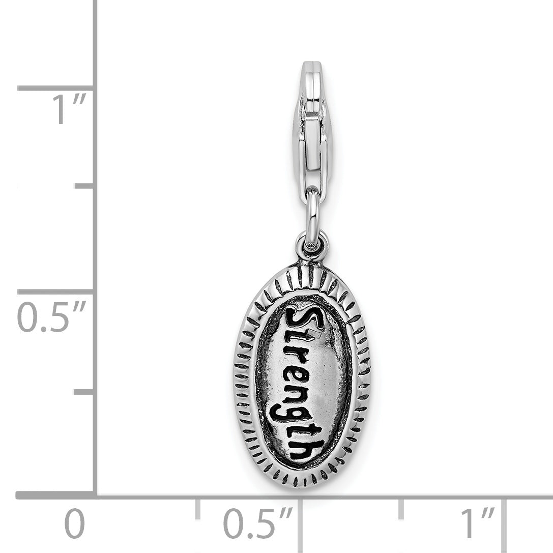 Amore La Vita Sterling Silver Rhodium-plated Polished Antiqued STRENGTH Charm with Fancy Lobster Clasp