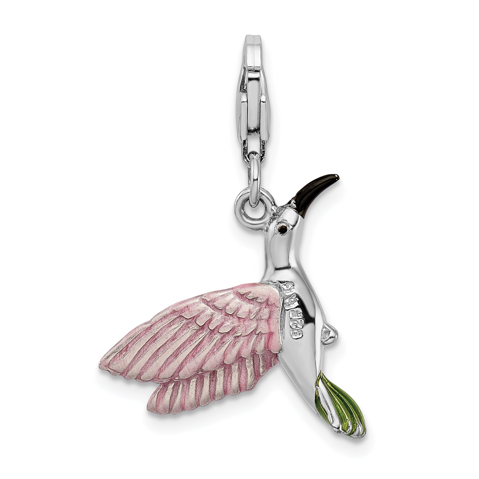 Amore La Vita Sterling Silver Rhodium-plated Polished 3-D Enameled Hummingbird Charm with Fancy Lobster Clasp