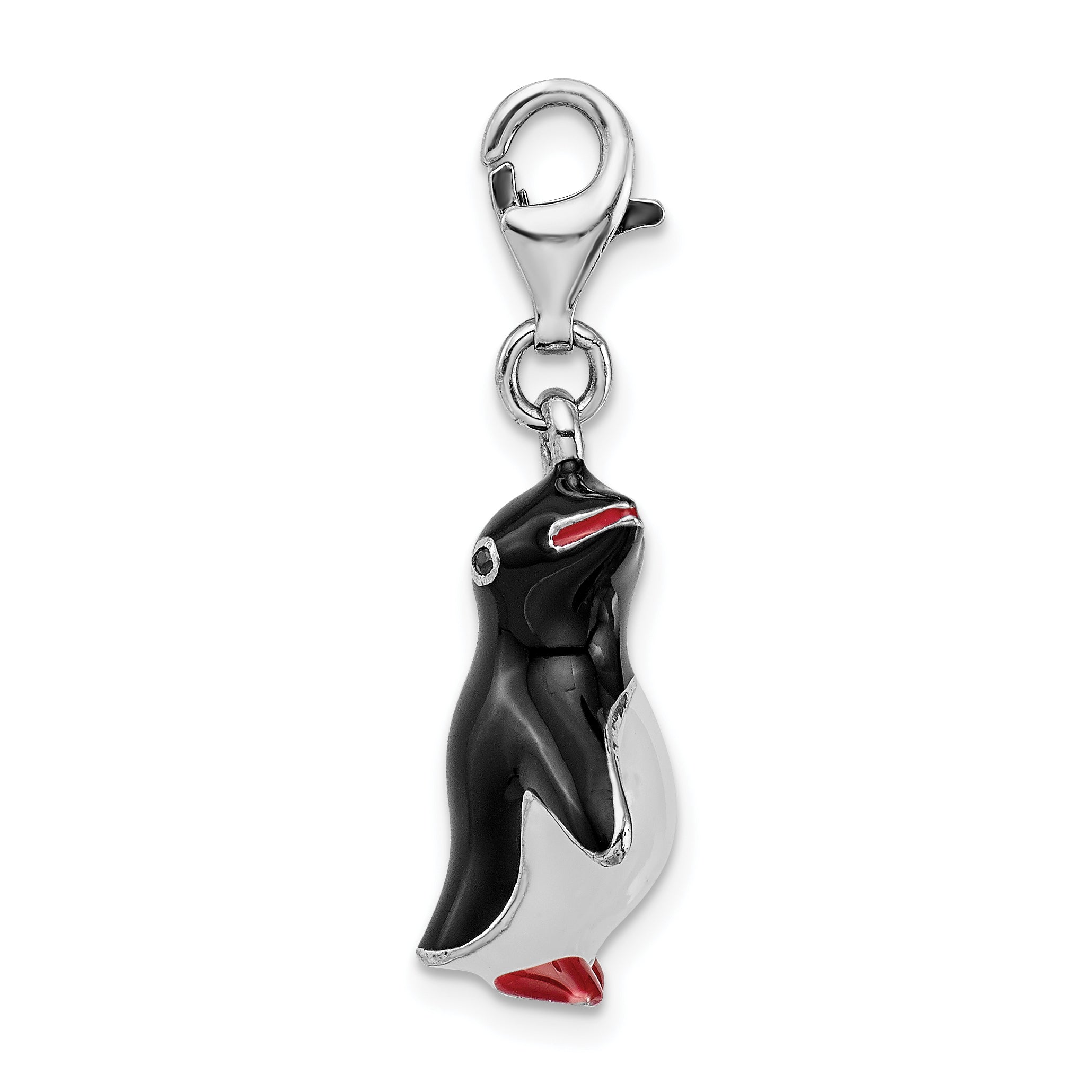 Amore La Vita Sterling Silver Rhodium-plated Polished 3-D Enameled Penguin Charm with Fancy Lobster Clasp