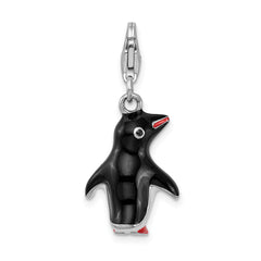 Amore La Vita Sterling Silver Rhodium-plated Polished 3-D Enameled Penguin Charm with Fancy Lobster Clasp