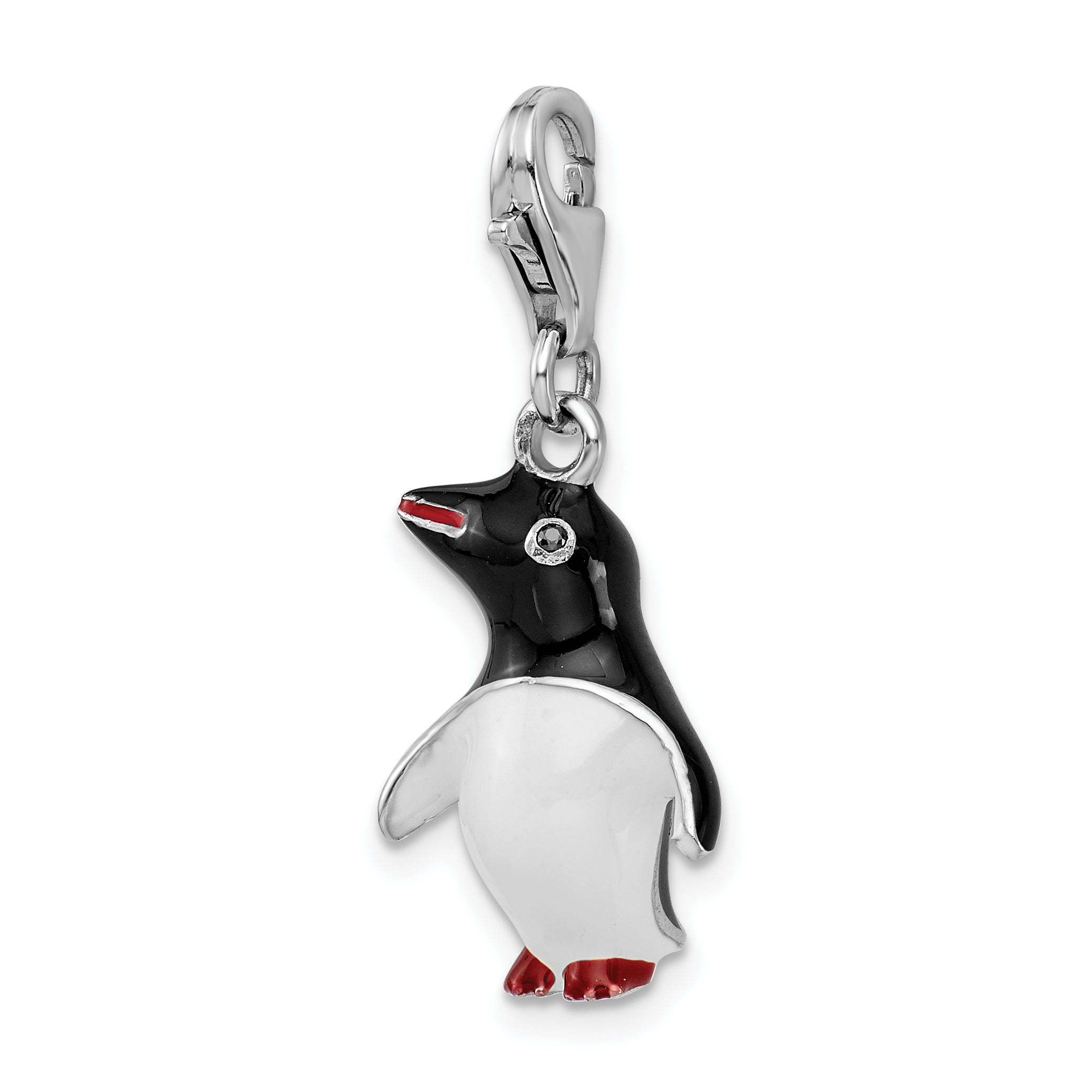 Amore La Vita Sterling Silver Rhodium-plated Polished 3-D Enameled Penguin Charm with Fancy Lobster Clasp