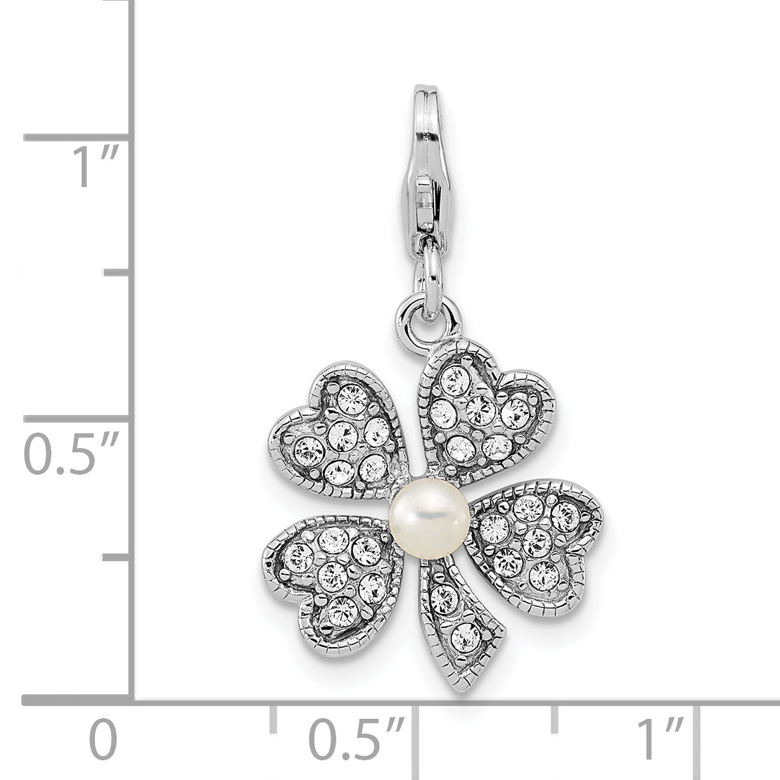 Amore La Vita Sterling Silver Rhodium-plated Polished Freshwater Cultured Pearl Crystal From Swarovski Clover Charm with Fancy Lobster Clasp