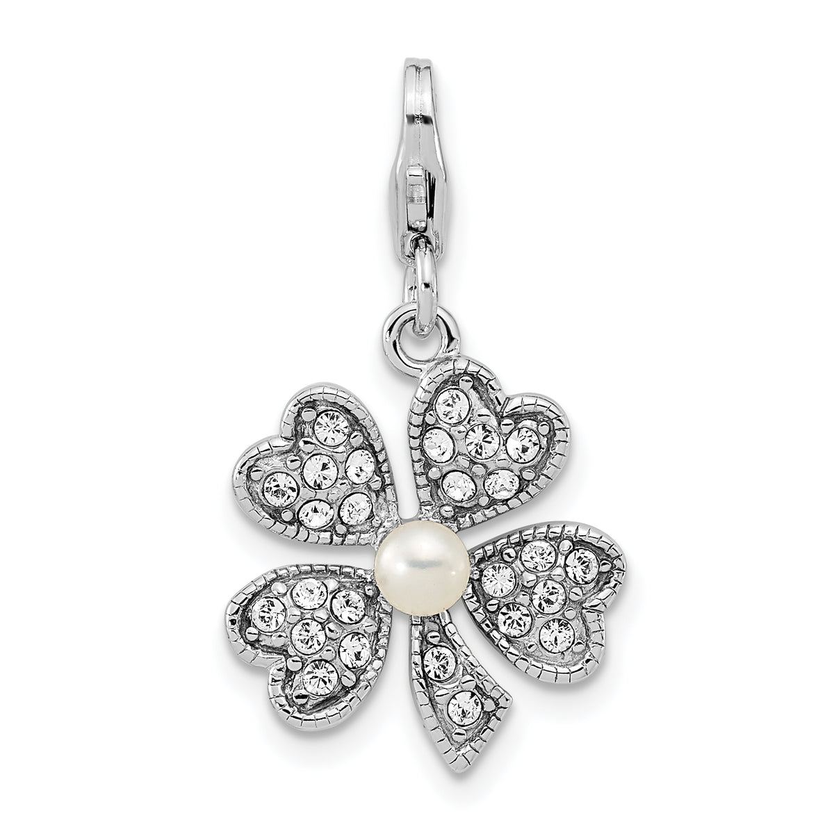 Amore La Vita Sterling Silver Rhodium-plated Polished Freshwater Cultured Pearl Crystal From Swarovski Clover Charm with Fancy Lobster Clasp