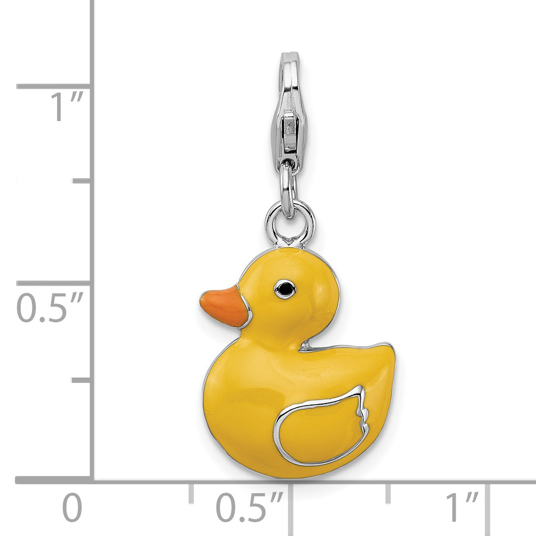 Amore La Vita Sterling Silver Rhodium-plated Polished Enameled 3-D Duck Charm with Fancy Lobster Clasp