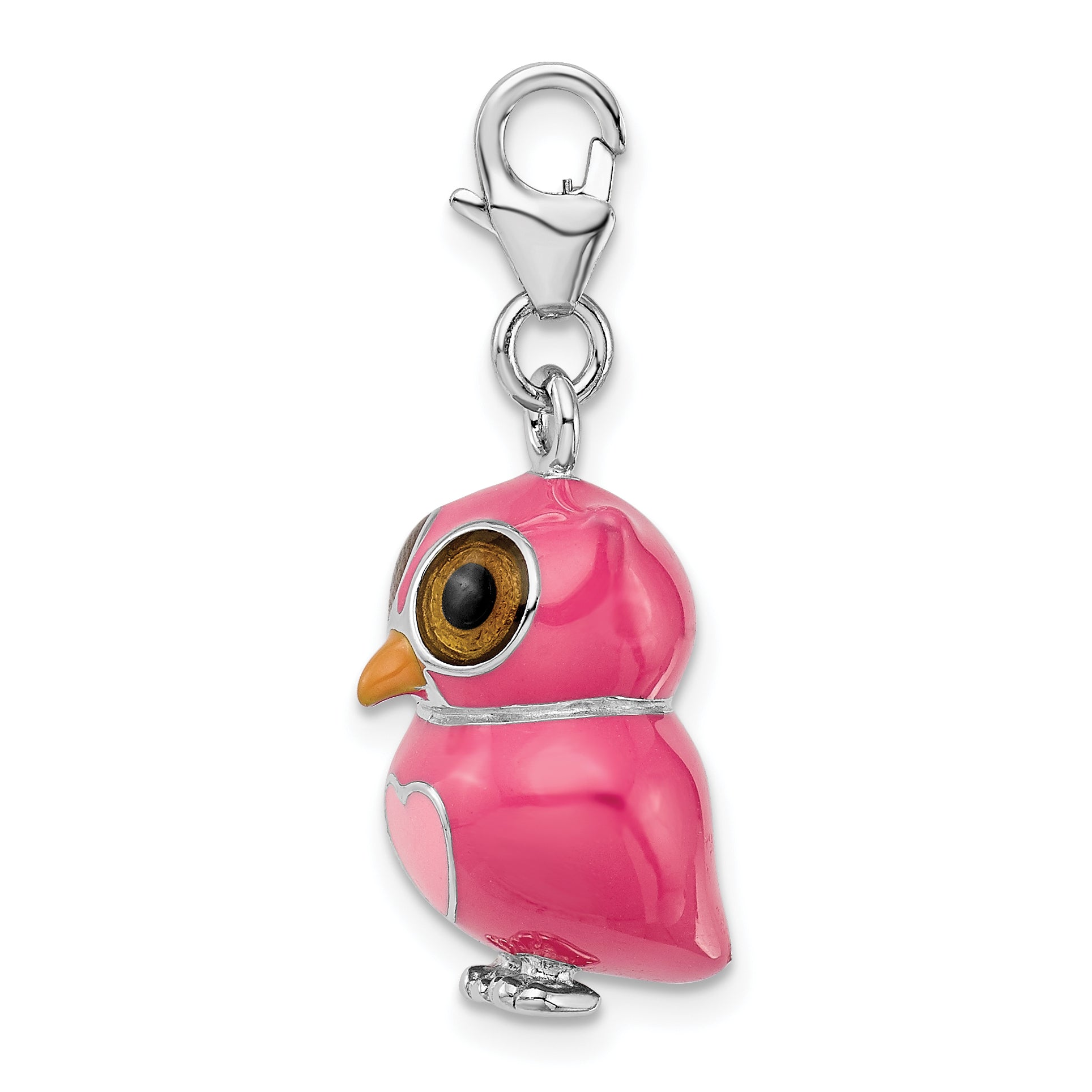 Amore La Vita Sterling Silver Rhodium-plated Polished 3-D Pink Enameled Heart Owl Charm with Fancy Lobster Clasp