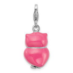 Amore La Vita Sterling Silver Rhodium-plated Polished 3-D Pink Enameled Heart Owl Charm with Fancy Lobster Clasp