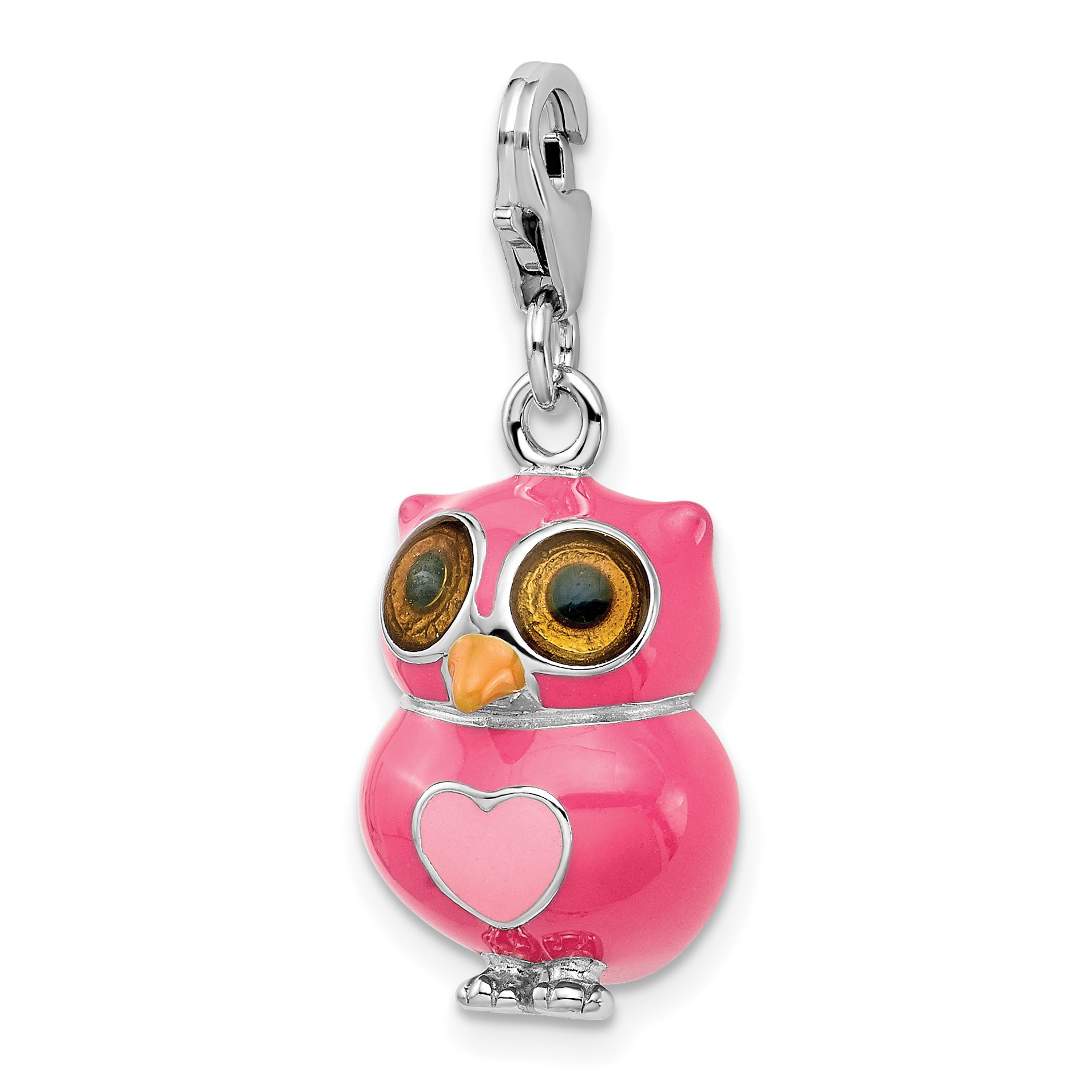 Amore La Vita Sterling Silver Rhodium-plated Polished 3-D Pink Enameled Heart Owl Charm with Fancy Lobster Clasp