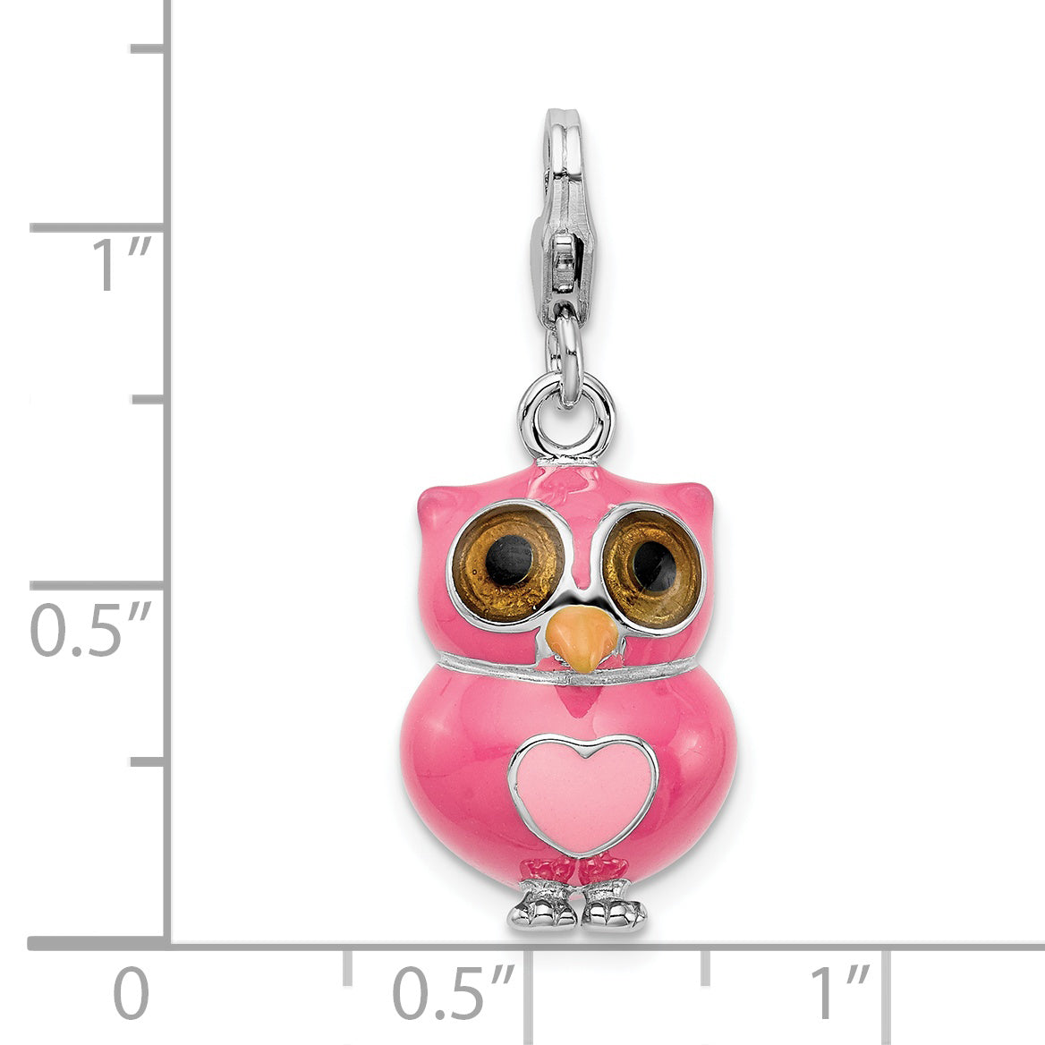 Amore La Vita Sterling Silver Rhodium-plated Polished 3-D Pink Enameled Heart Owl Charm with Fancy Lobster Clasp