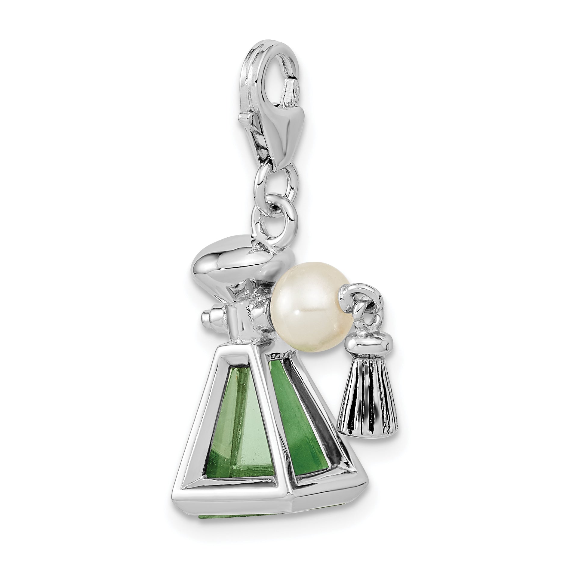 Amore La Vita Sterling Silver Rhodium-plated Polished 3-D Perfume Freshwater Cultured Pearl Perfume Bottle Charm with Fancy Lobster Clasp