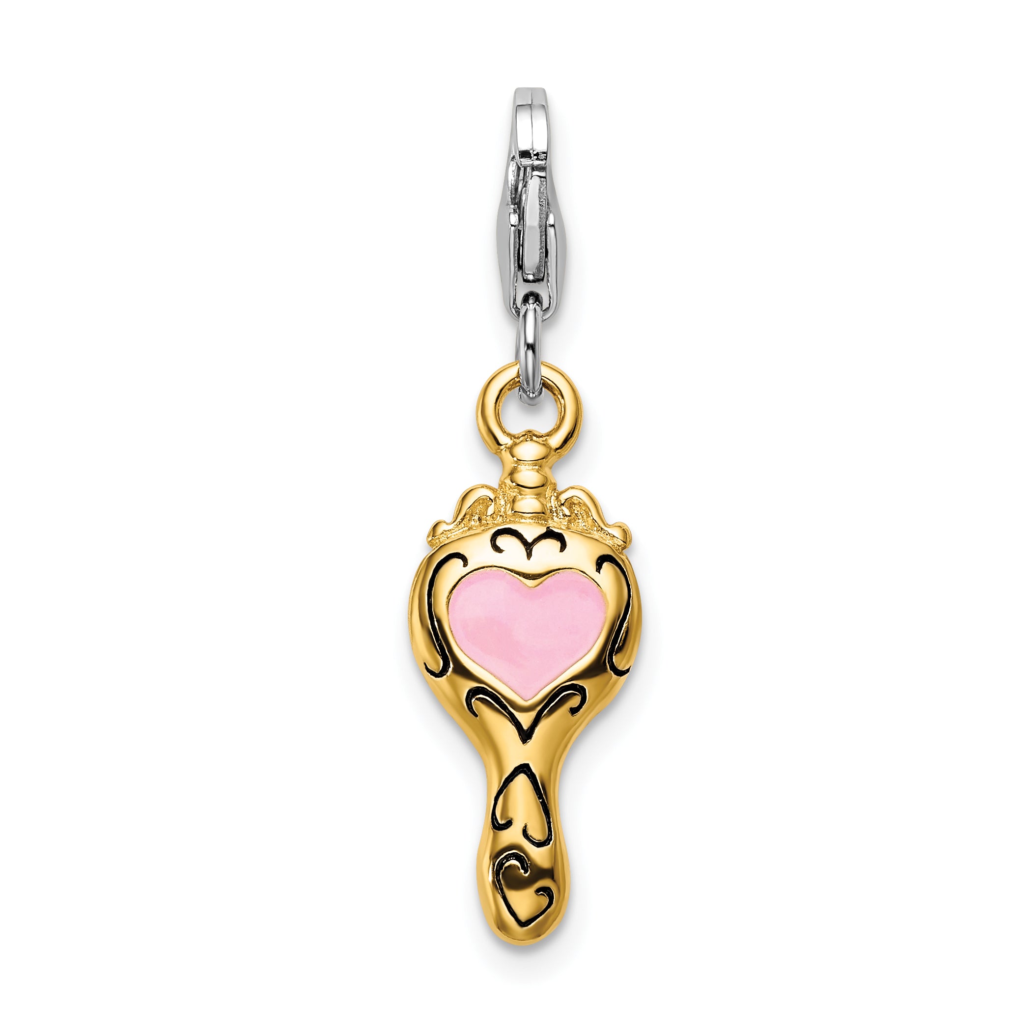 Sterling Silver Enameled 3-D Gold Plated Heart Mirror w/Lobster Clasp Charm