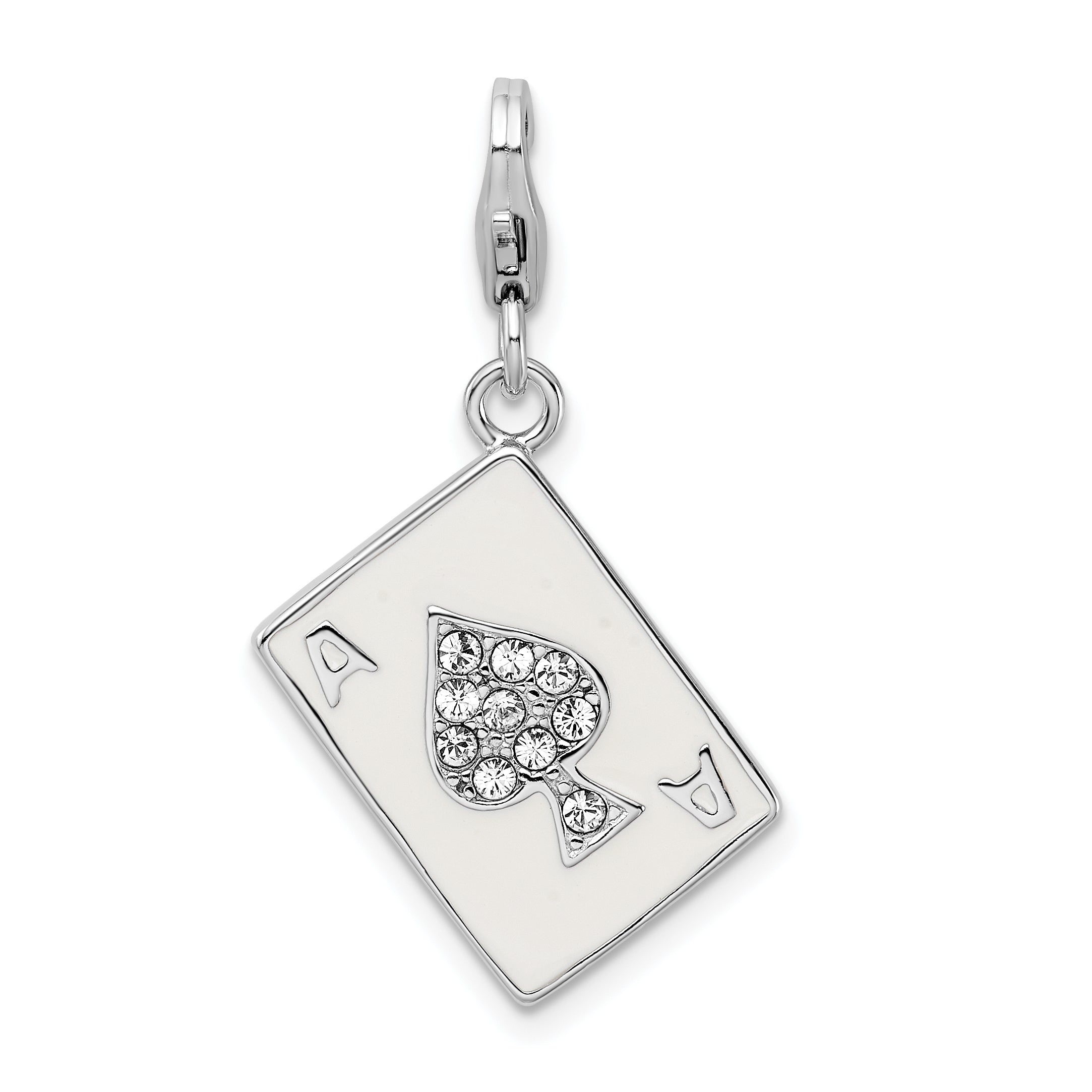 Amore La Vita Sterling Silver Rhodium-plated Polished 3-D Enameled Swarovski Crystal Ace Charm with Fancy Lobster Clasp