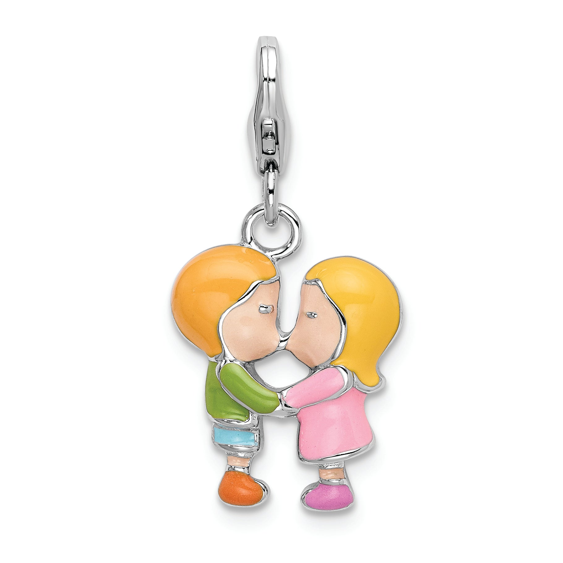 Amore La Vita Sterling Silver Rhodium-plated Polished Enameled Kissing Couple Charm with Fancy Lobster Clasp