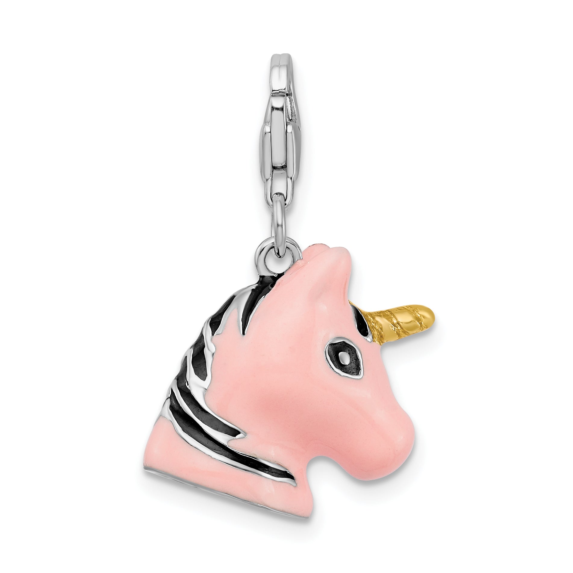 Amore La Vita Sterling Silver Rhodium-plated Polished 3-D Pink Enameled Unicorn Head Charm with Fancy Lobster Clasp