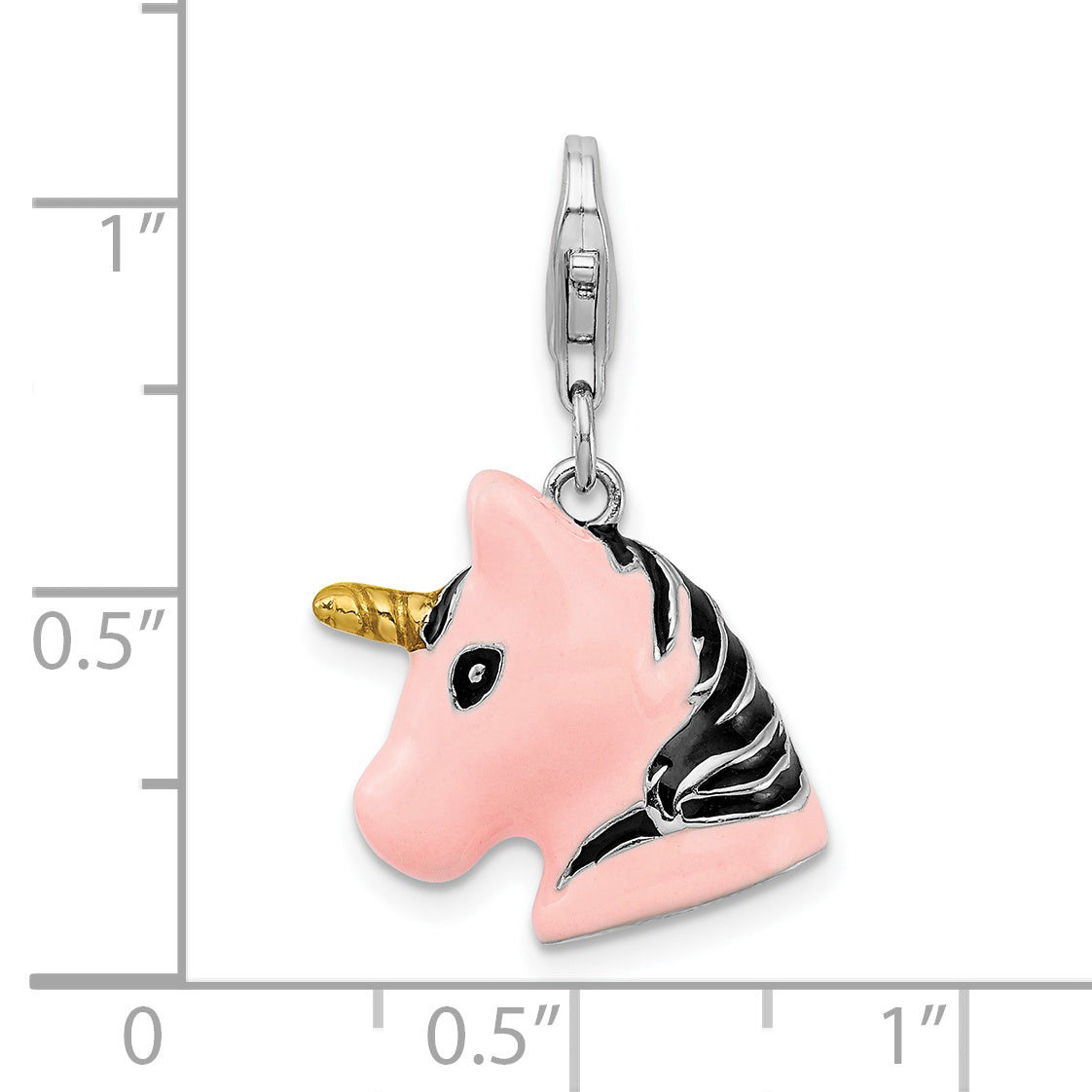 Amore La Vita Sterling Silver Rhodium-plated Polished 3-D Pink Enameled Unicorn Head Charm with Fancy Lobster Clasp