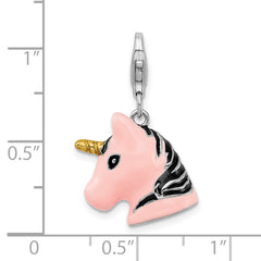 Amore La Vita Sterling Silver Rhodium-plated Polished 3-D Pink Enameled Unicorn Head Charm with Fancy Lobster Clasp