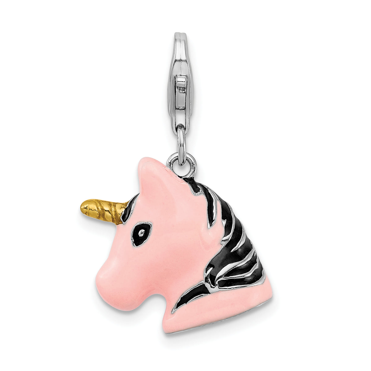 Amore La Vita Sterling Silver Rhodium-plated Polished 3-D Pink Enameled Unicorn Head Charm with Fancy Lobster Clasp