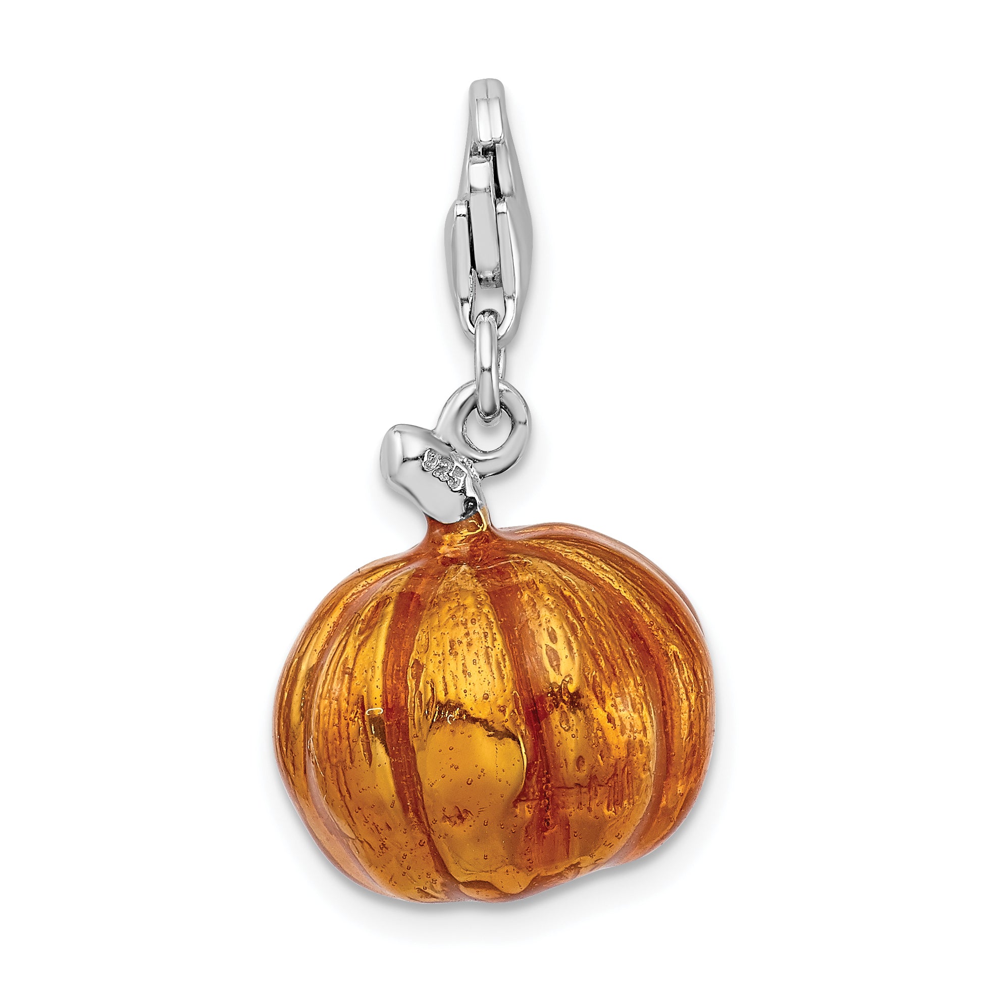 Amore La Vita Sterling Silver Rhodium-plated Polished 3-D Enameled Jack o Lantern Charm with Fancy Lobster Clasp