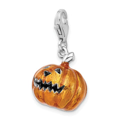 Amore La Vita Sterling Silver Rhodium-plated Polished 3-D Enameled Jack o Lantern Charm with Fancy Lobster Clasp