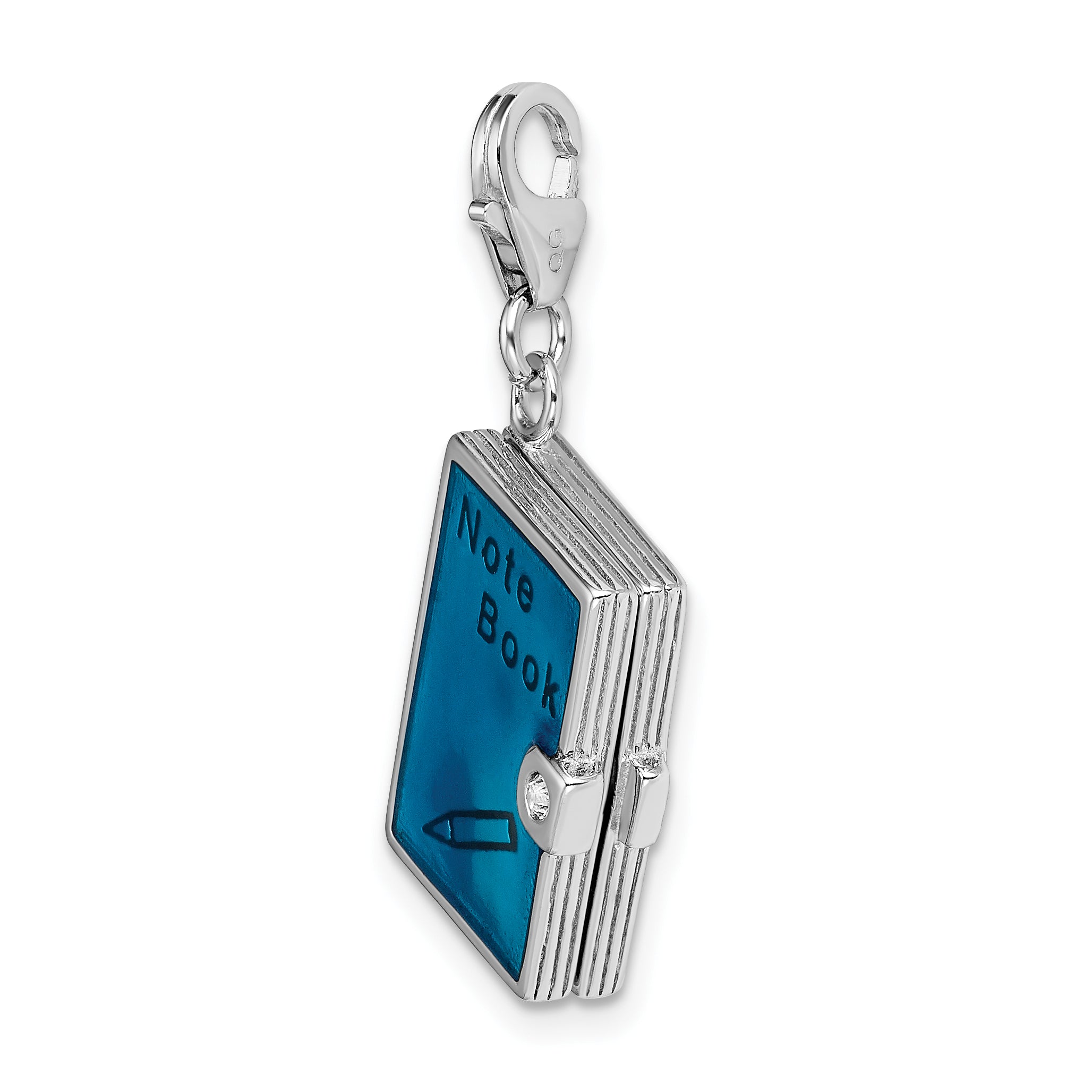 Amore La Vita Sterling Silver Rhodium-plated Polished 3-D Moveable Crystal From Swarovski Enameled 3-D Note Book Charm with Fancy Lobster Clasp