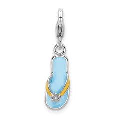 Amore La Vita Sterling Silver Rhodium-plated Polished 3-D Enameled Flower Flip Flop Charm with Fancy Lobster Clasp