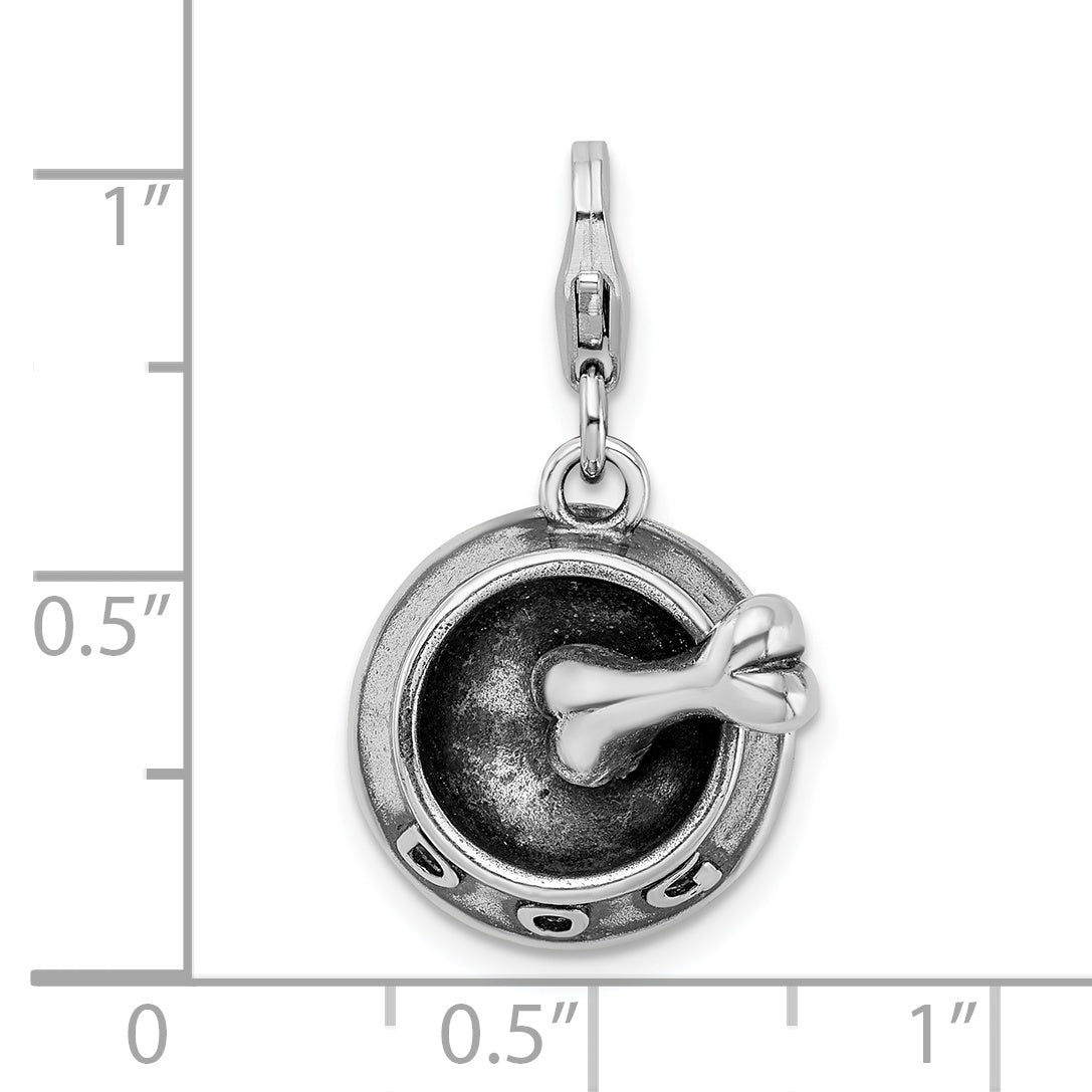 Amore La Vita Sterling Silver Rhodium-plated Polished 3-D Dog Bowl and Bone Charm with Fancy Lobster Clasp