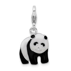 Amore La Vita Sterling Silver Rhodium-plated Polished Enameled Panda Bear Charm with Fancy Lobster Clasp