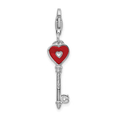 Amore La Vita Sterling Silver Rhodium-plated Polished 3-D Enameled Heart Key Charm with Fancy Lobster Clasp