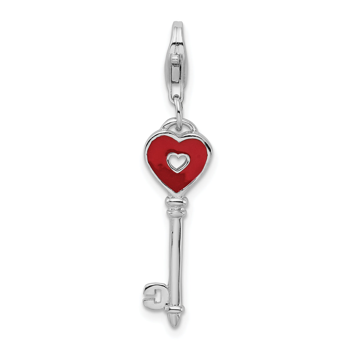 Amore La Vita Sterling Silver Rhodium-plated Polished 3-D Enameled Heart Key Charm with Fancy Lobster Clasp