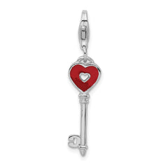 Amore La Vita Sterling Silver Rhodium-plated Polished 3-D Enameled Heart Key Charm with Fancy Lobster Clasp