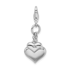 Amore La Vita Sterling Silver Rhodium-plated Polished 3-D Red Enameled Double Heart Charm with Fancy Lobster Clasp